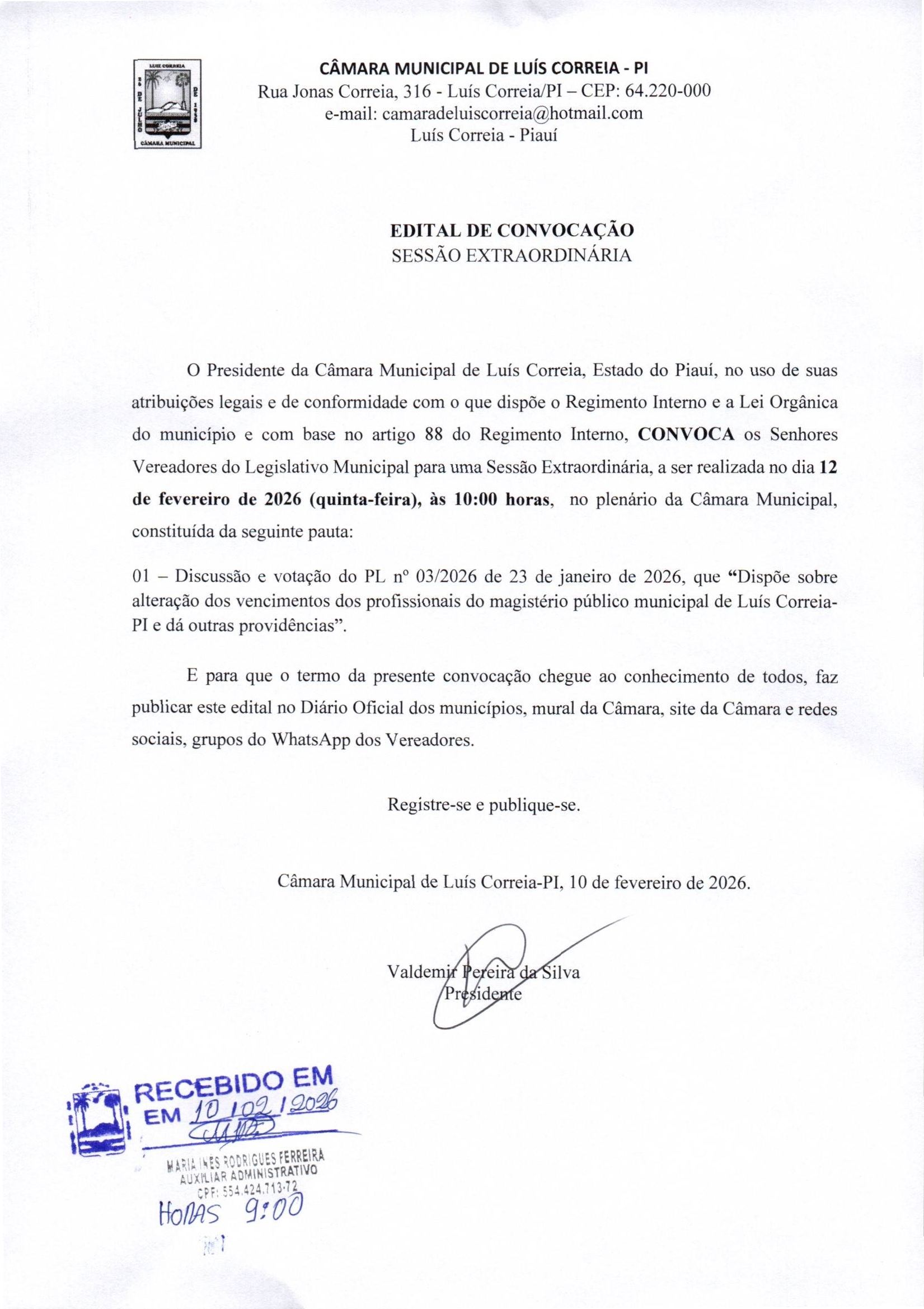 Edital de Convocação - Sessão Extraordinária 12/02/2026