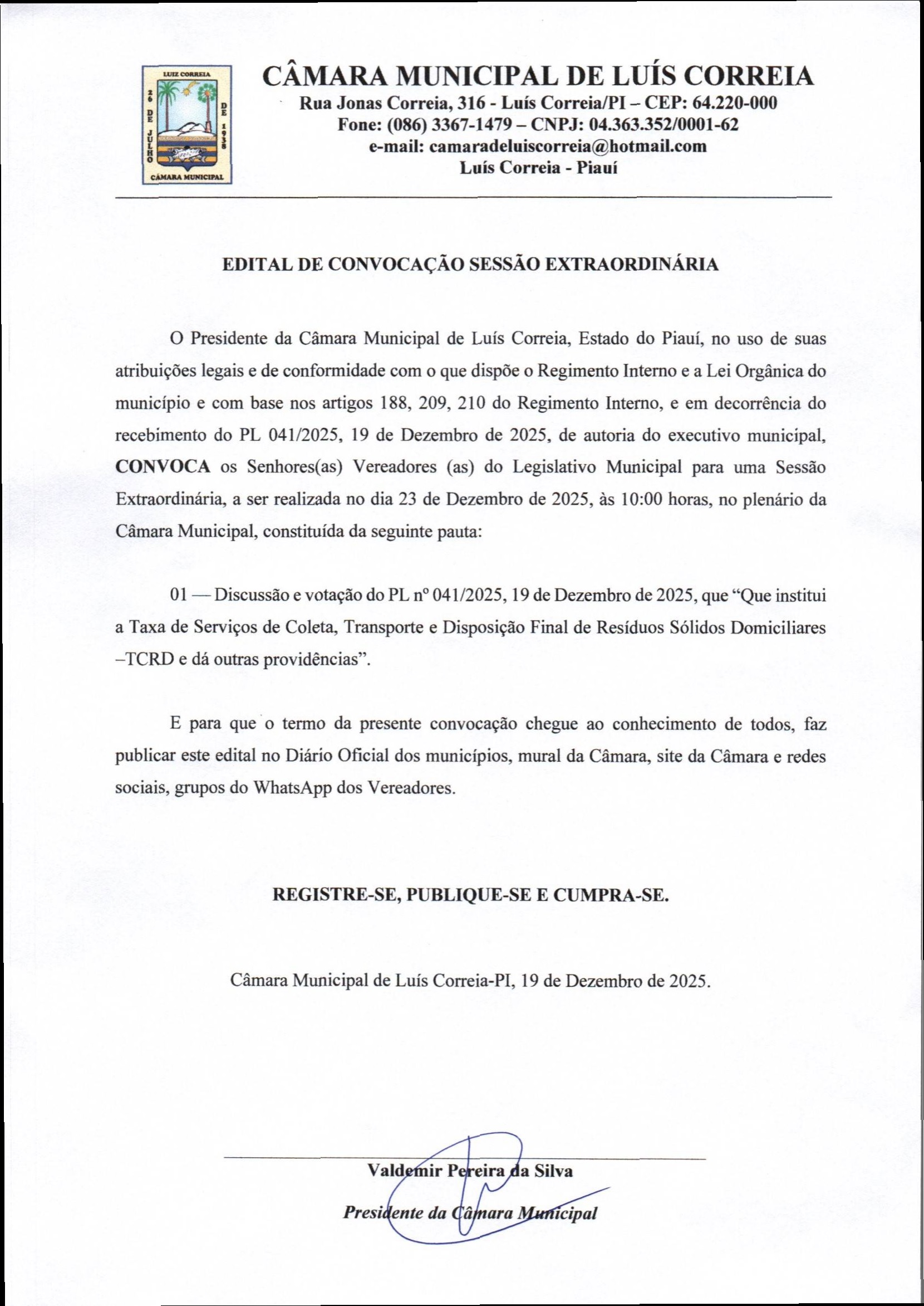 Edital de Convocação - Sessão Extraordinária 23/12/2025